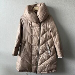 Light brown Max Studio puffer coat with cowl neck and velvet accents